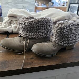 Wild Diva Knit Cuff Lace-Up Ankle Boots in Taupe